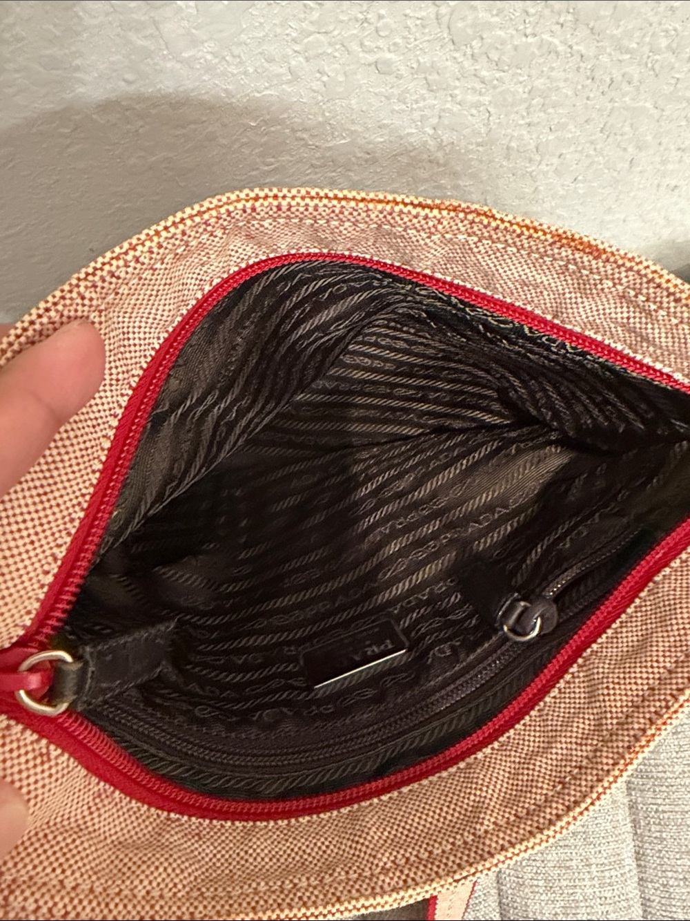 Prada Beige-Pink Canvas Crossbody with Red-Trim Strap - Picture 8 of 12